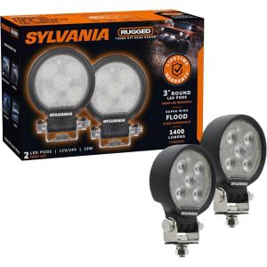 imageSYLVANIA Rugged 3 Inch Round LED Light Pods  Lifetime Limited Warranty  Flood Light 1400 Raw Lumens Off Road Driving Work Light Truck Boat Tractor ATV UTV SUV 4x4 2 PC