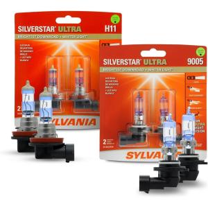 imageSYLVANIA  H11 ampamp 9005 SilverStar Ultra Bundle  High Performance Halogen Headlight Bulbs High Beam Low Beam and Fog Replacement Bulb Brightest Downroad with Whiter Light Contains 4 Bulbs