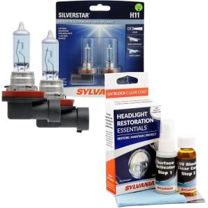 imageSYLVANIA  H11 SilverStar Bulbs and Headlight Restoration UV Block Clear Coat Bundle  2 Bulbs and 1 Fl Oz