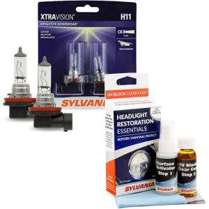 imageSYLVANIA  H11 XtraVision Bulbs and Headlight Restoration UV Block Clear Coat Bundle  2 Bulbs and 1 Fl Oz