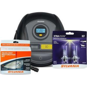 imageSYLVANIA H7 Xtravision Bulbs Headlight Restoration Kit and Plus Portable Tire Inflator  Bundle