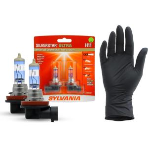 imageSYLVANIA  H11 SilverStar Ultra plus Free Installation Gloves  High Performance Halogen Headlight Bulb High Beam Low Beam Fog Replacement Bulb Brightest Downroad Whiter Light Contains 2 Bulbs